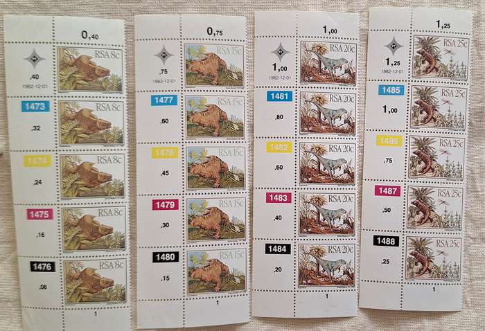 South Africa 1982 Dinosaurs / Karoo Fossils Set of 4 Mint Control Blocks