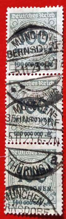 Deutsches Reich Weimar Republic 1923 100 Million marks  Strip of 3 Used stamps
