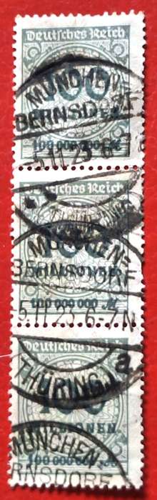 Deutsches Reich Weimar Republic 1923 100 Million marks  Strip of 3 Used stamps