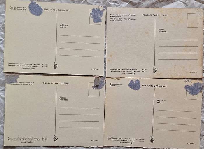 SAR Travel Bureau SAS-Reisburo 4 Post Cards : Port St Johns, Trans-Karoo, Namakwaland, Dbn Harbour
