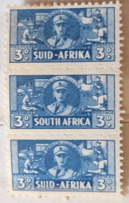 Union of South Africa 1942-44 War Effort Block of 1 Strip of 3 Unused Hinged 3d stamp