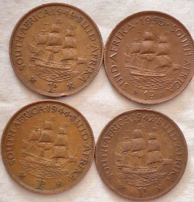 South Africa 4x 1d 1942 1944 1949 1955 Bronze
