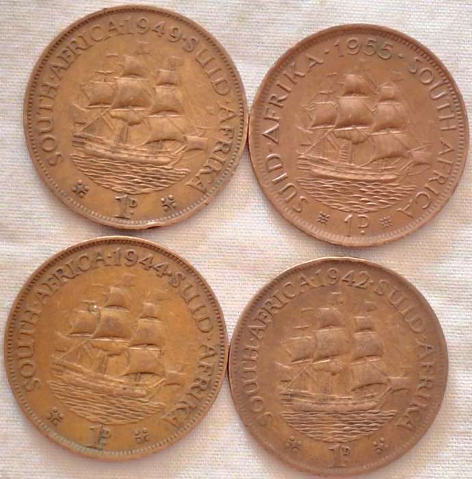 South Africa 4x 1d 1942 1944 1949 1955 Bronze