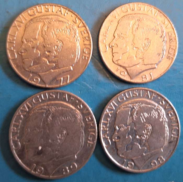 Sweden 1977 1981 1989  1998 1 Krone (4 coins) Copper-nickel