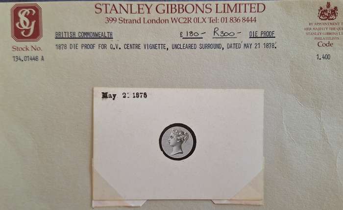 British Commmonwealth 1878 Die Proof for Q. V. Stanley Gibbons Ltd Centre Vignette Dated May 21 1878