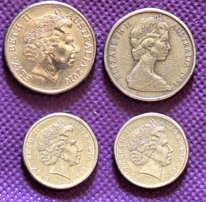 Australia 1984 2016 $1 and 2004 x2 $2 (4 coins) Aluminium bronze