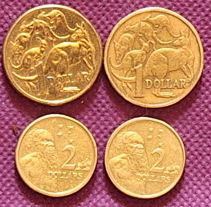 Australia 1984 2016 $1 and 2004 x2 $2 (4 coins) Aluminium bronze