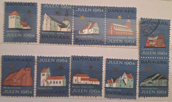 Denmark 1964 Christmas Seals 10 Used stamps Churches, Temples, Mosques, Synagogues