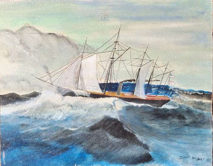 Unframed Oil of Boat painted on Board Signed Jimmy Rogers 98