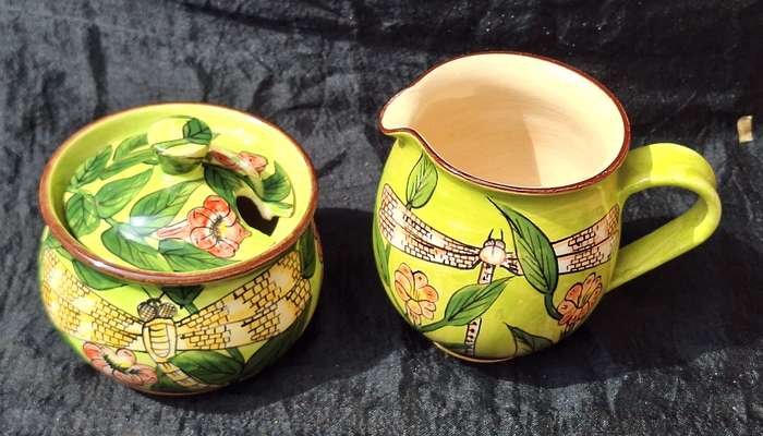 Water Berry Pottery Zimbabwe Milk Jug and Lidded Sugar Bowl Dragonfly Design