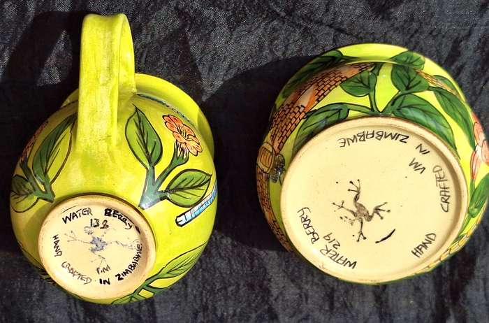 Water Berry Pottery Zimbabwe Milk Jug and Lidded Sugar Bowl Dragonfly Design