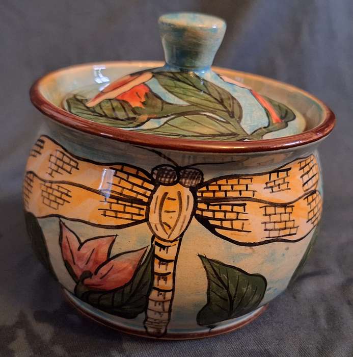 Water Berry Pottery Zimbabwe Lidded Sugar Bowl Dragonfly Design