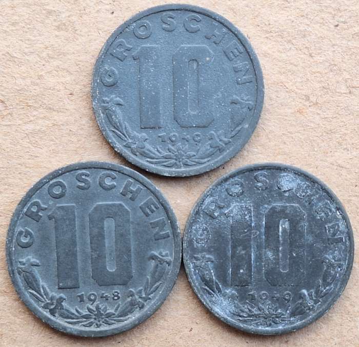 Austria 1947 and 1949 10 Groschen Zinc