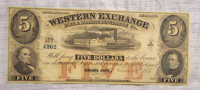 Western Exchange : Nebraska, Oklahoma City : FIVE DOLLARS - OBSOLETE NOTE : NO.4262 NOV 1857