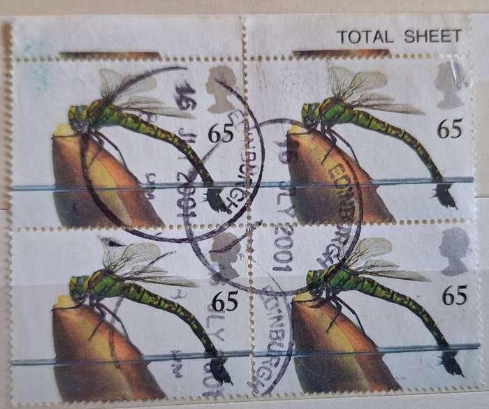 GB 2001 Pond Life: Southern Hawker Dragonfly Block of 4 Used 65p. stamps