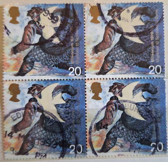 GB 1999  The Settlers' Tale: Dove and Norman Settler Block of 4 Used stamps
