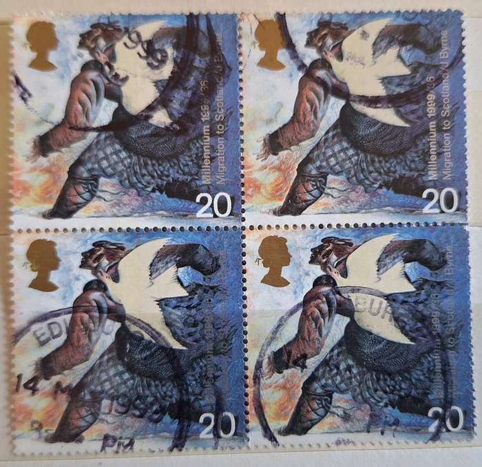 GB 1999  The Settlers' Tale: Dove and Norman Settler Block of 4 Used stamps