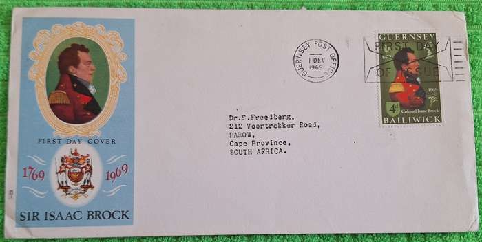 Guernsey 1969 Sir Isaac Brock FDC Postally Used with Customs Stamped on back