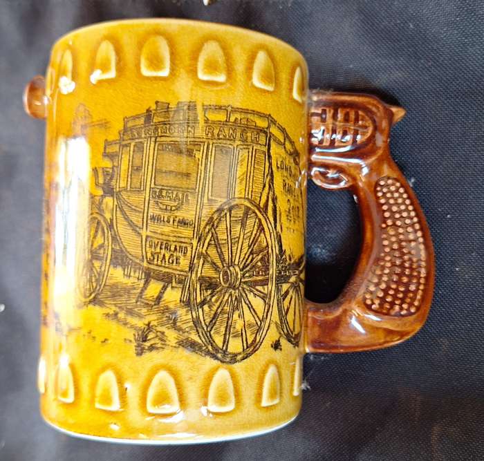 Vintage Overland Stage Ceramic Beer Mug by Elweco with Gun shaped handle