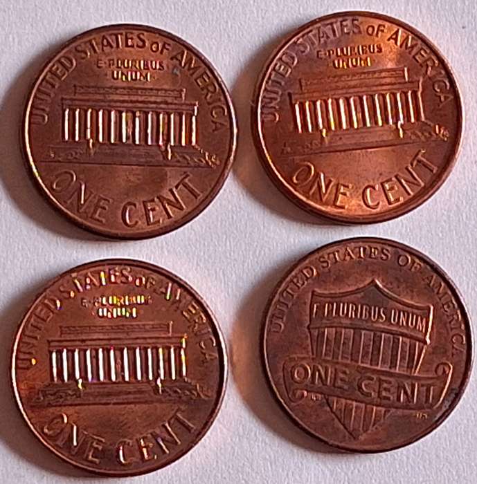 USA 4 X 1 Cent "Lincoln Memorial Cent" AND "Lincoln Cent - Shield Reverse" copper plated zinc
