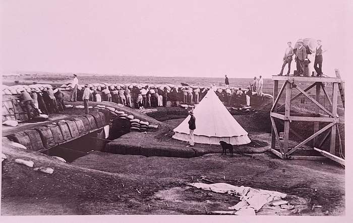 Black and White Photograph Kimberley Seige Defences: Trenches, Shelter and Searchlight