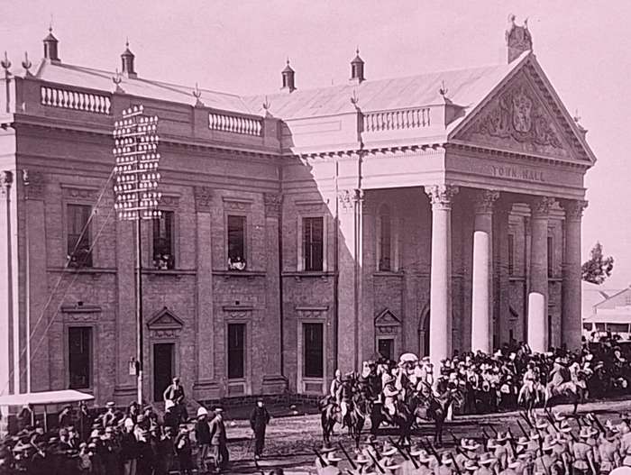 Black and White Photograph 1899 March Past Kimberley Town Hall before Seige