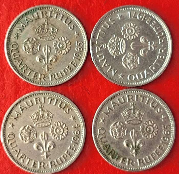 Mauritius 1964, 1965x2 and 1971 Elizabeth II Quarter ¼ Rupee Copper-nickel