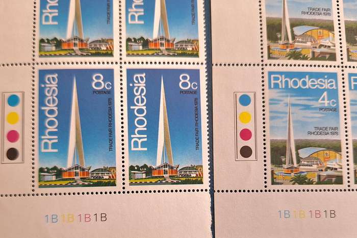 Rhodesia 1978 Trade Fair Set of 2 Mint stamps in Blocks of 4 Each Plate 1B