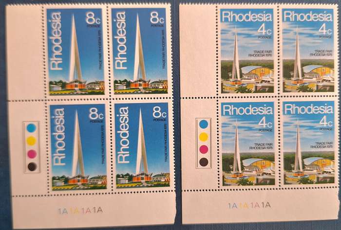 Rhodesia 1978 Trade Fair Set of 2 Mint stamps in Blocks of 4 Each Plate 1A