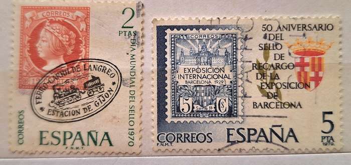 Spain 1970's 2 Used Hinged stamps Theme: Stamps on Stamps