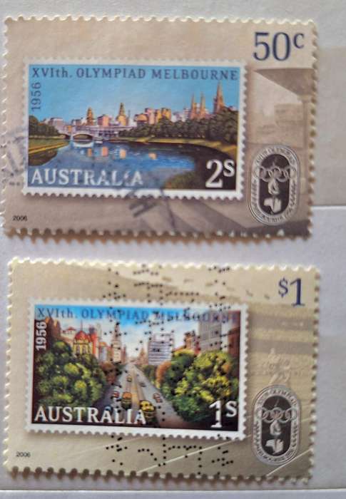 Australia 2006 50th Anniv 1956 Melbourne Olympic Games 2 Used Hinged stamps Theme: Stamps on Stamps