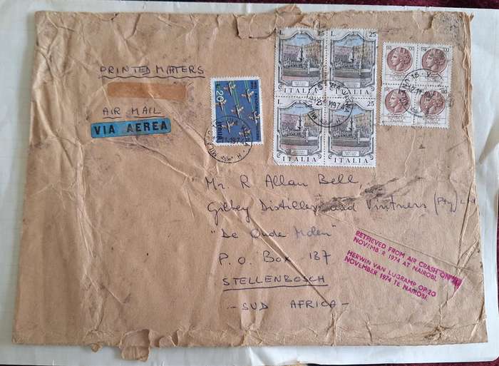 Cover from Italy to South Africa Marked: Retrieved from Air Crash on 20 November 1974 at Nairobi