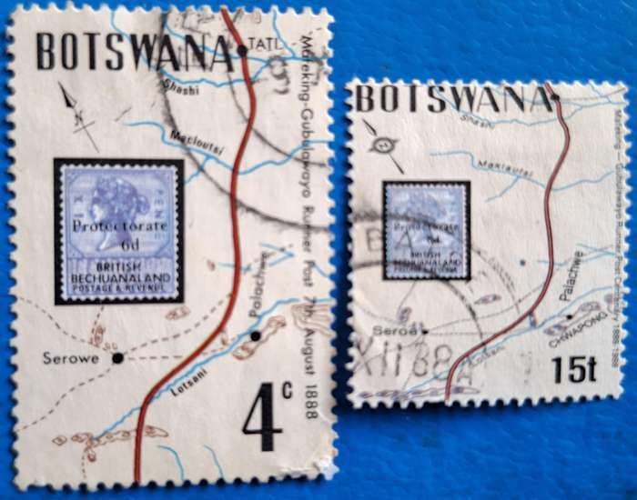Botswana 1988 Mafeking-Gubulawayo Runner Post Centenary 2 Used stamps Theme: Stamps on Stamps, Maps
