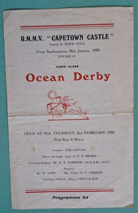 RMMV Cape Town Castle 1950 Ocean Derby Race Programme and Rules