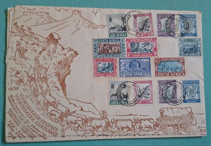 Union of S A 1938 Voortrekker Centenary Cover Cancelled Bullhoek with 14 stamps