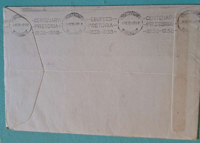 Union of S A 1938 Voortrekker Centenary Cover Cancelled Bullhoek with 14 stamps