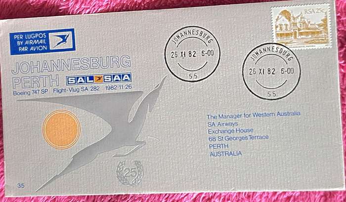 SAA/SAL 1982 Flight Cover No 35 25 years Johannesburg Perth Flights