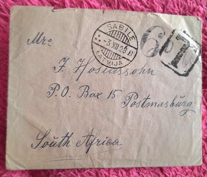 Union of South Africa - 1928 - Latvia cover to SA with 6d T but no stamps