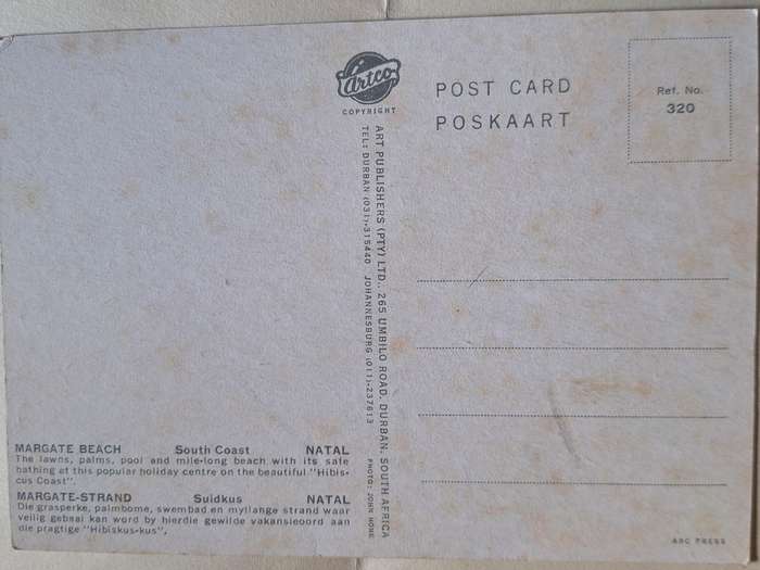 Artco Post Card Ref No 320 1970s Margate Beach South Coast Natal