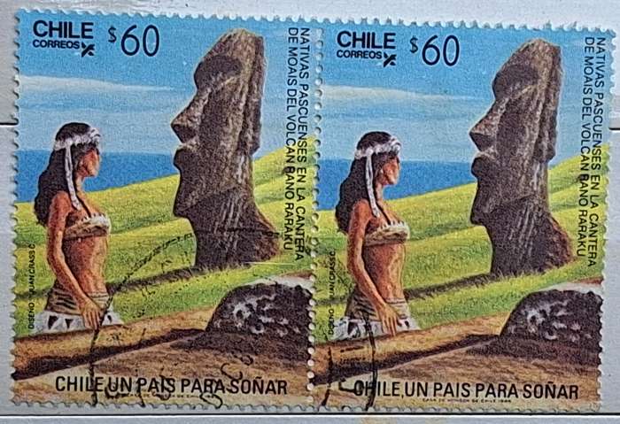 Chile 1986 Moai statues at Raraku volcano Pair of Used Hinged stamps