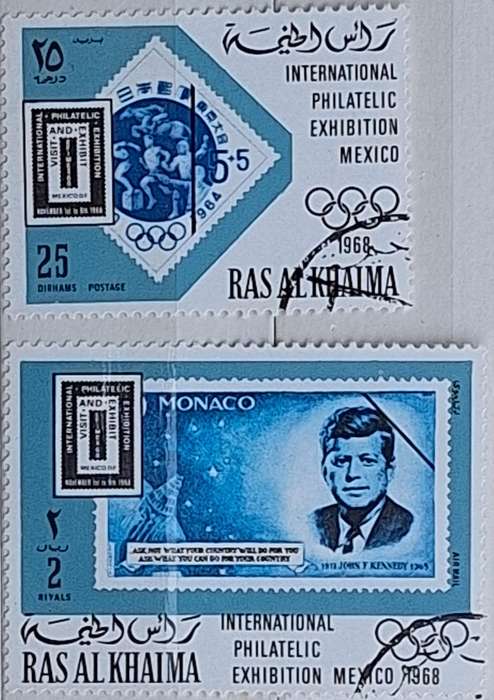 Ras al Khaima 1968 Philatelic Exhibition Mexico 2 Cancelled stamps Theme: Stamps on Stamps