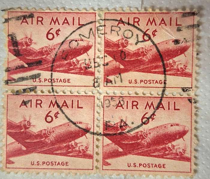 USA 1949 Skymaster Air Mail Block of 4 Used 6c stamps Date stamp 1958