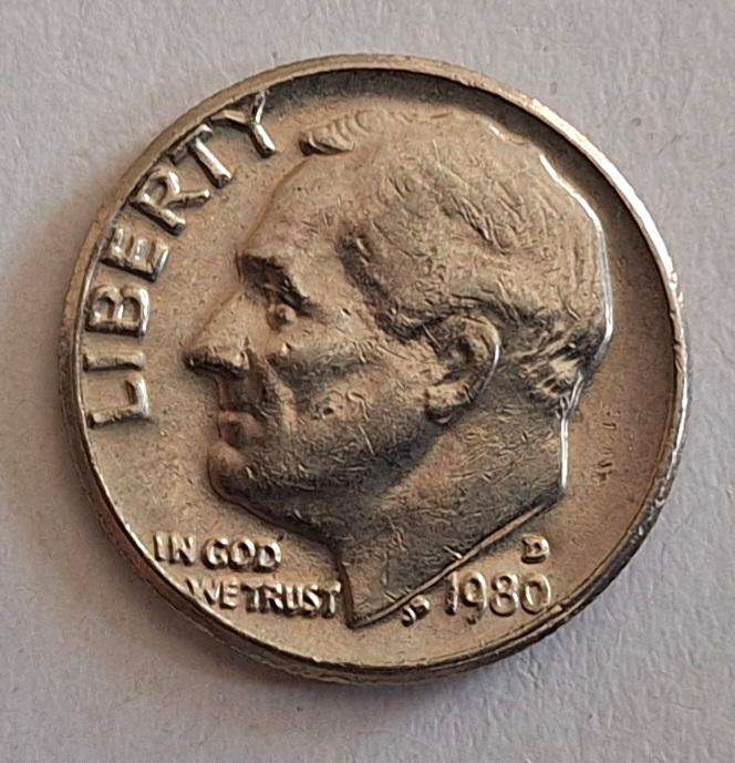 USA 1980 D 1 Dime "Roosevelt Dime" Copper-nickel clad copper
