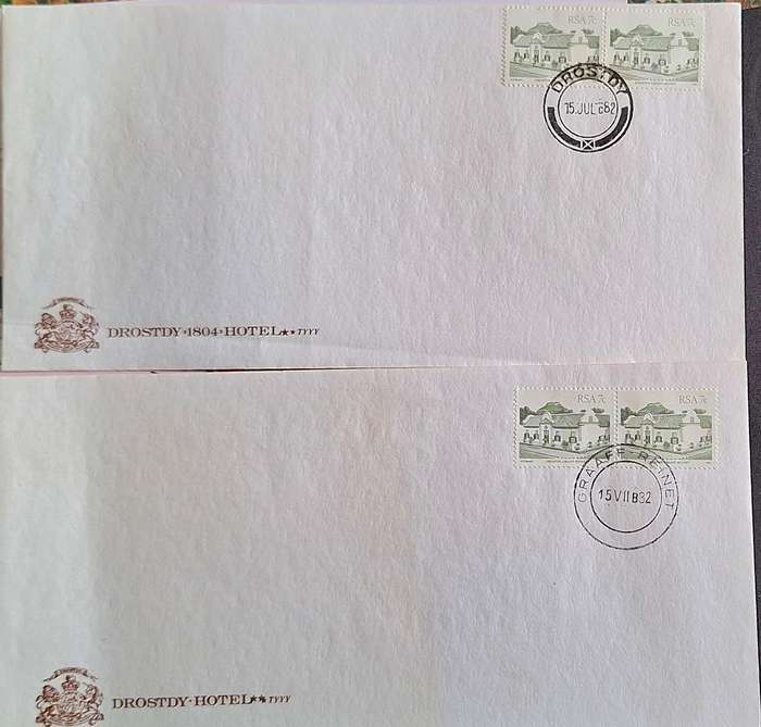 South Africa 1982 2 Drostdy Hotel Envelopes with Pair of 7c Drostdy Graaf-Reinet stamps