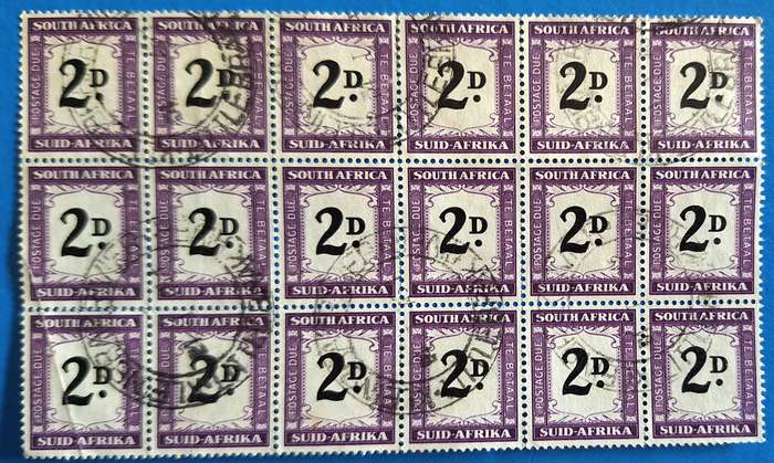 Union of South Africa 1950-58 Hyphenated Suid-Afrika Block of 18 Used 2D Postage Due stamps