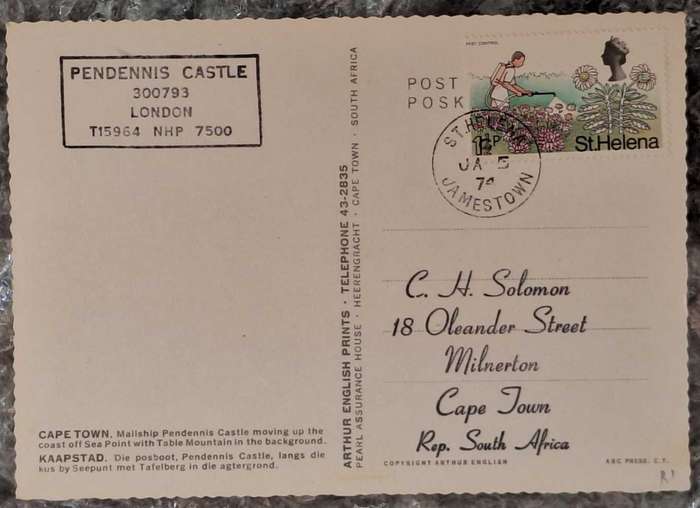 Post Card Pendennis Castle with Cape Town background with Jamestown St Helena 74 Cancellation
