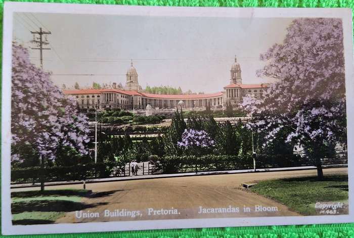 Vintage Post Card Union Buildings, Pretoria.  Jacarandas in Bloom.