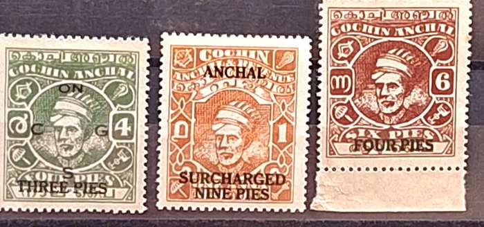 India Cochin Anchal Indian State Overprints 3 Unused Hinged stamps