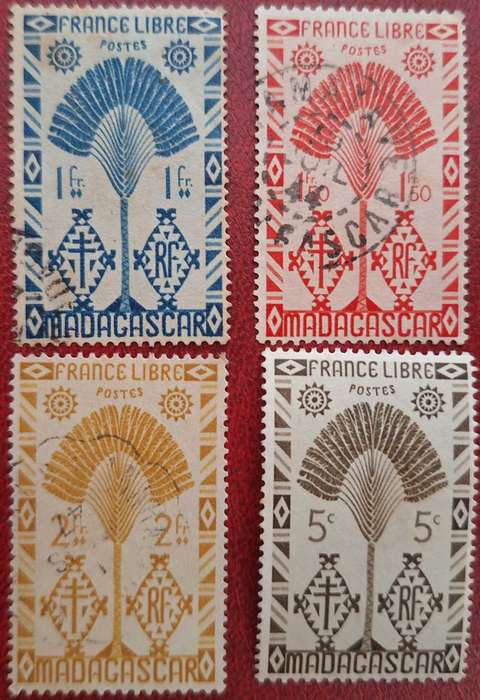 Madagascar 1943 Travellers Palm France Libre 3 Used and 1 Unused stamp