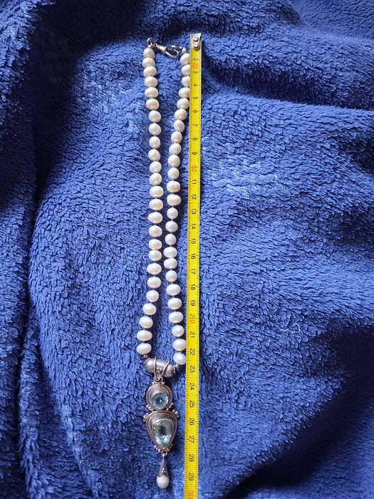 Genuine pearl and aquamarine necklace set in 925 silver